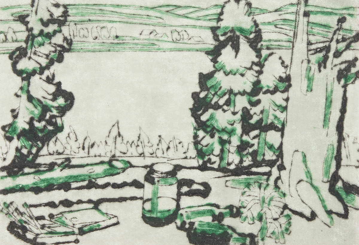 David Brown Milne, Painting Place, drypoint in colours, 1931