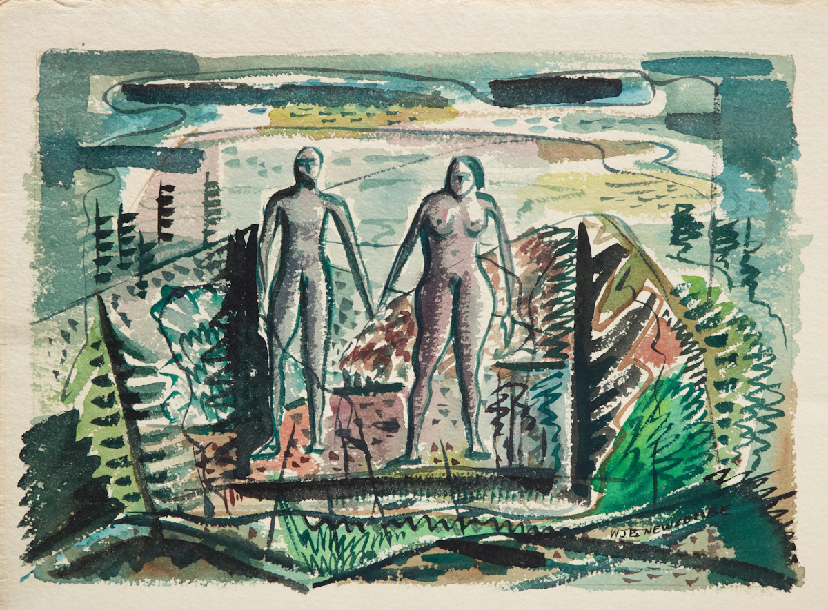 William John Bertram Newcombe, Two People Walking; Christ in Mexico; Sun Bathing, three watercolours