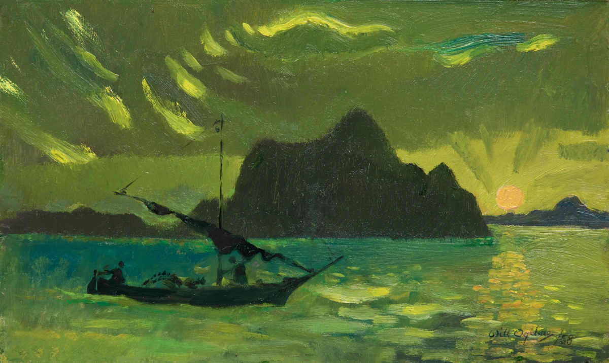 William Abernethy Ogilvie, Cliffside Fishing Village, oil on board
