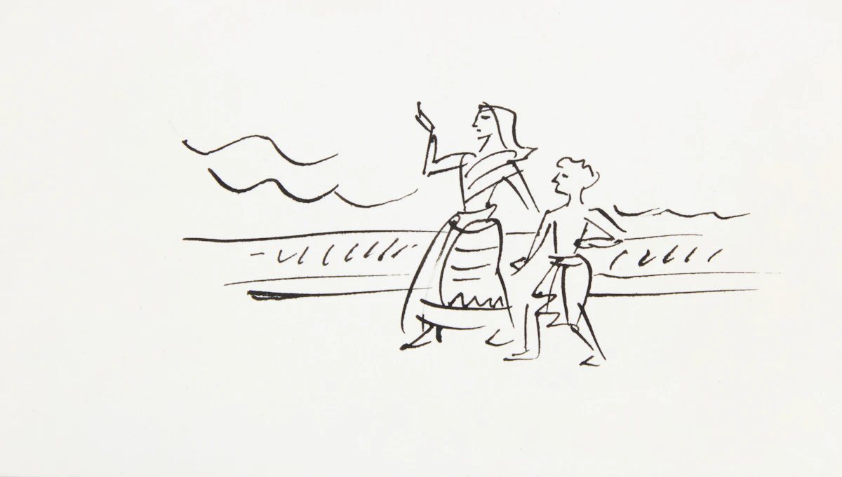 Satyajit Ray, A Storyboard: Train, Butterfly, and Two Figures Walking Through a Landscape, three inks on paper