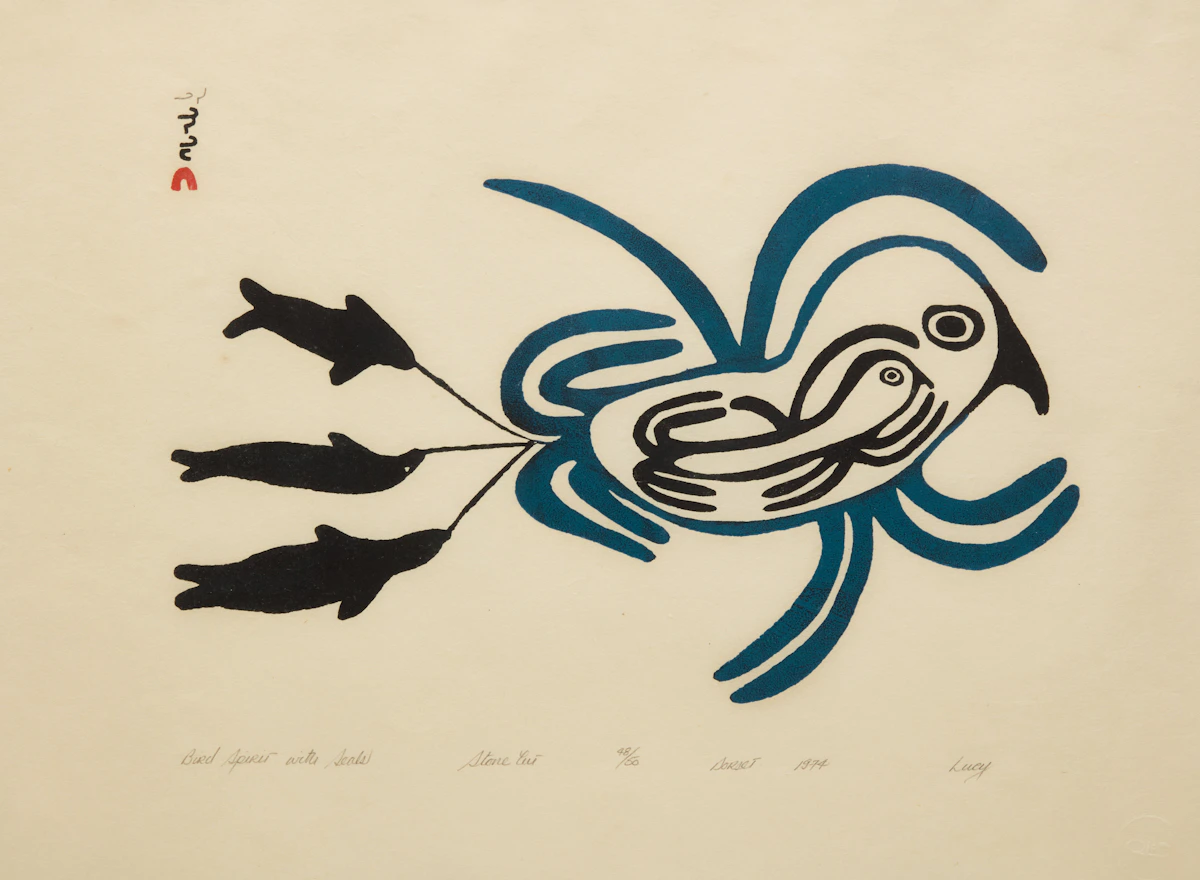 Lucy Qinnuayuak, Bird Spirit with Seals, 1974