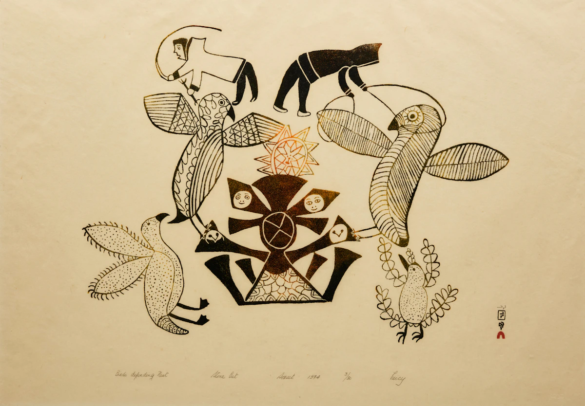 Lucy Qinnuayuak, Birds Defending Nest, stonecut, 1974