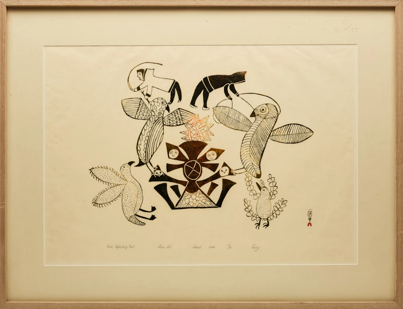 Lucy Qinnuayuak, Birds Defending Nest, stonecut, 1974 - view 2
