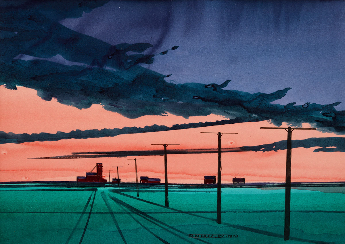 Robert N. Hurley, Grain Elevators at Sunset, watercolour on paper, 1973