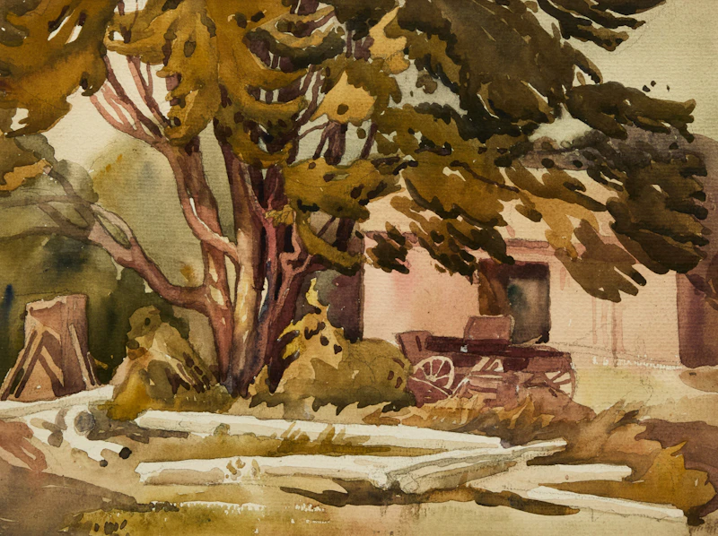Untitled (Orillia Fence Rails and Wagon in the Yard) by Frederick Alexander Fraser