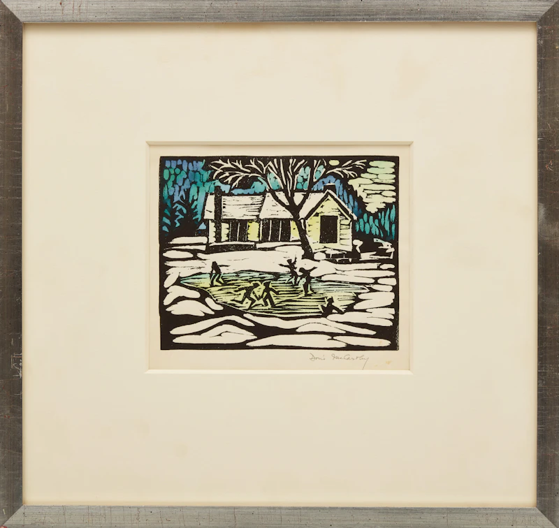 Doris Jean McCarthy, Skaters on Pond, Fool's Paradise, colour wood engraving, 1963 - view 2