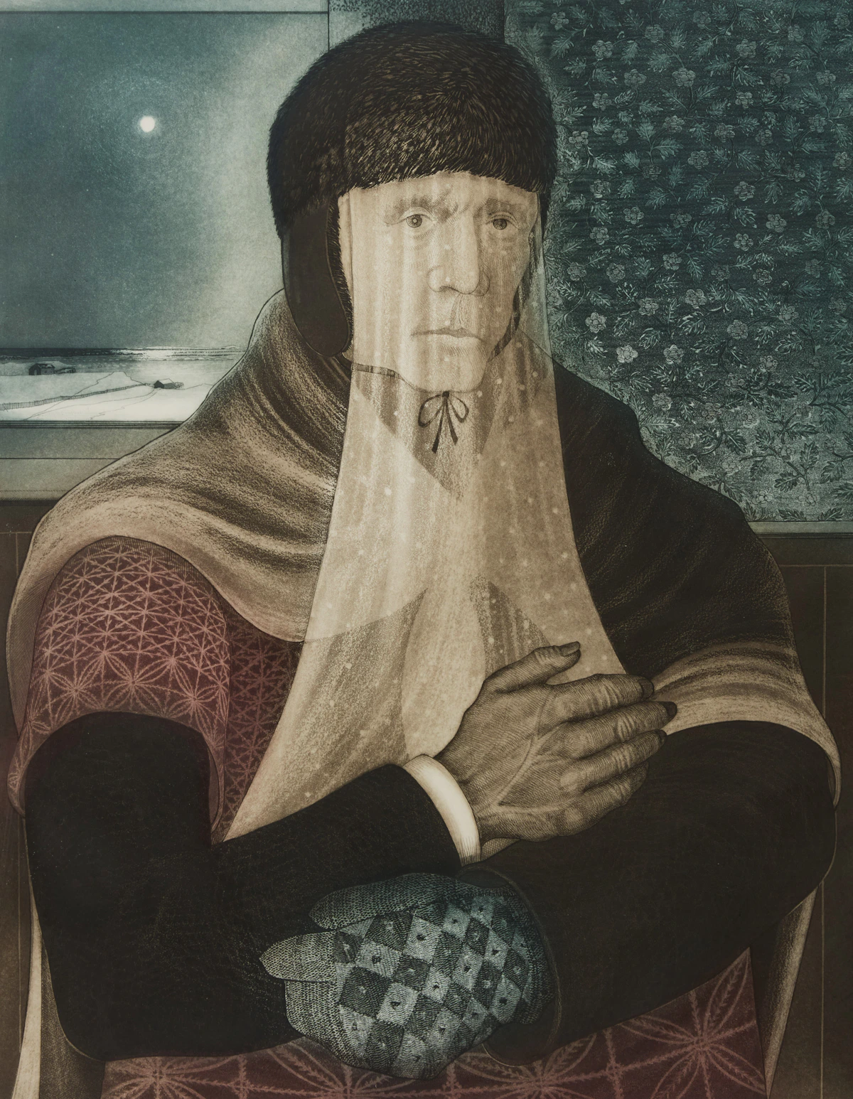 David Lloyd Blackwood, Lone Mummer Inside, colour etching and aquatint, 1979