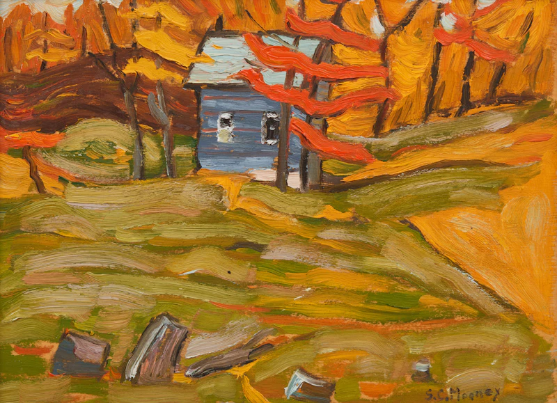 Sidney Charles Mooney, Deserted Shack, Autumn; Gatineau Scene, Ottawa, Ontario; Interpretation Centre, Moodie Drive, three oils on board - view 1