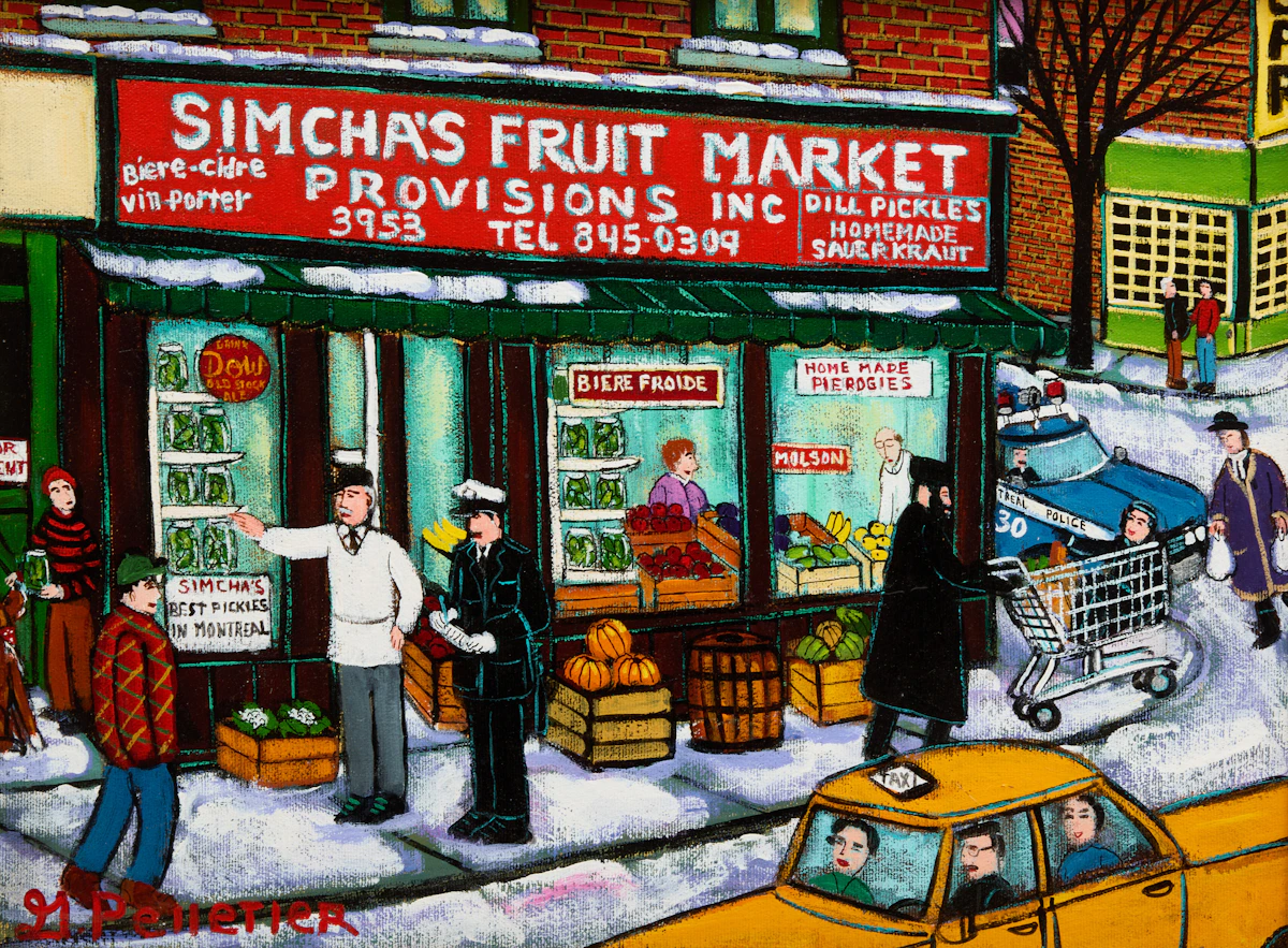 Gilles Pelletier, Mildred's Fine Hats; “Simcha” The Pickle Store, two oils on canvas