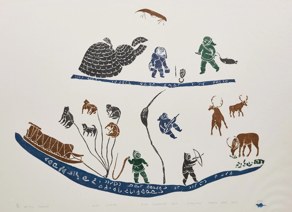 Juanisialu Irqumia, Eskimos live by the sea; men are hunting caribou, colour stonecut, 1973