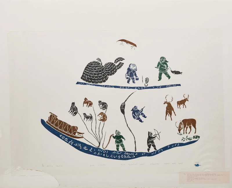 Juanisialu Irqumia, Eskimos live by the sea; men are hunting caribou, colour stonecut, 1973 - view 2