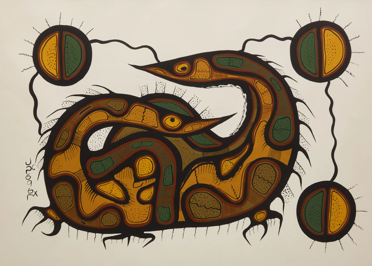 Josh Kakegamic, Untitled (Two Loons), acrylic on paper