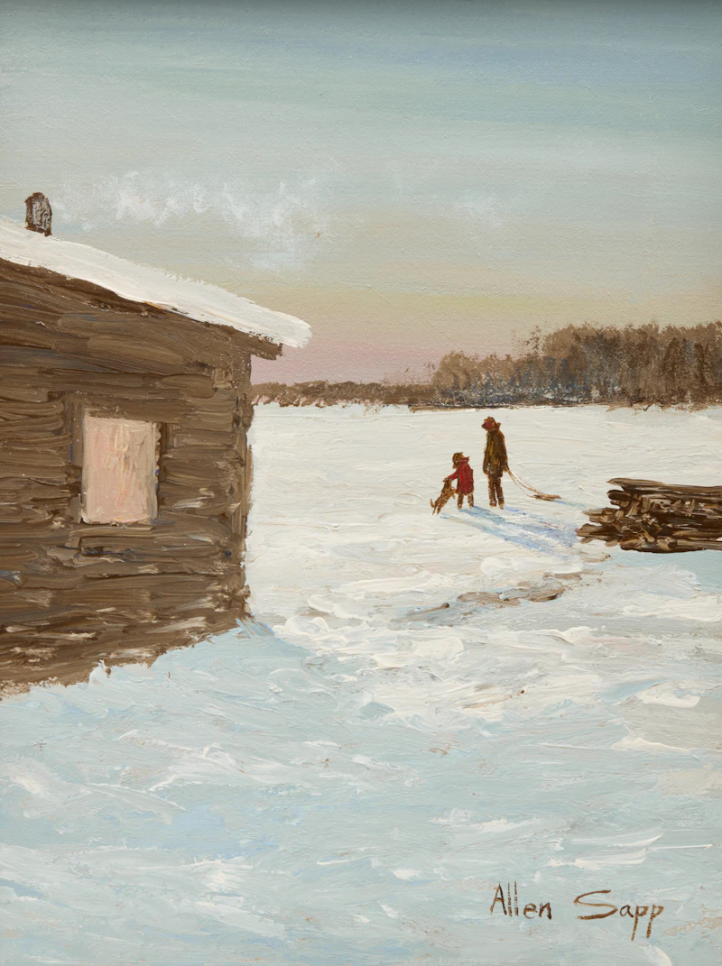 Allen Sapp, Two Kids Playing with a Dog, acrylic on canvas - view 1