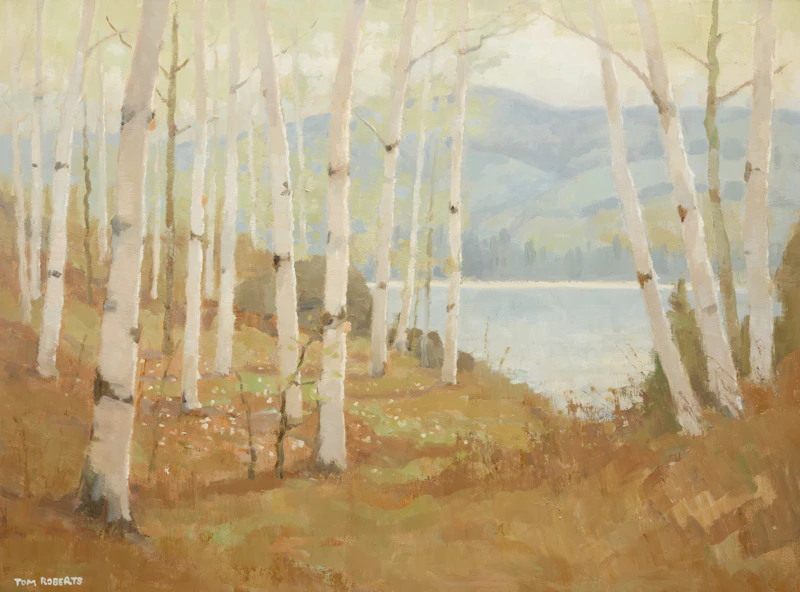 Thomas Keith Roberts, Spring Birches at the Lake, oil on masonite, 1986 - view 1