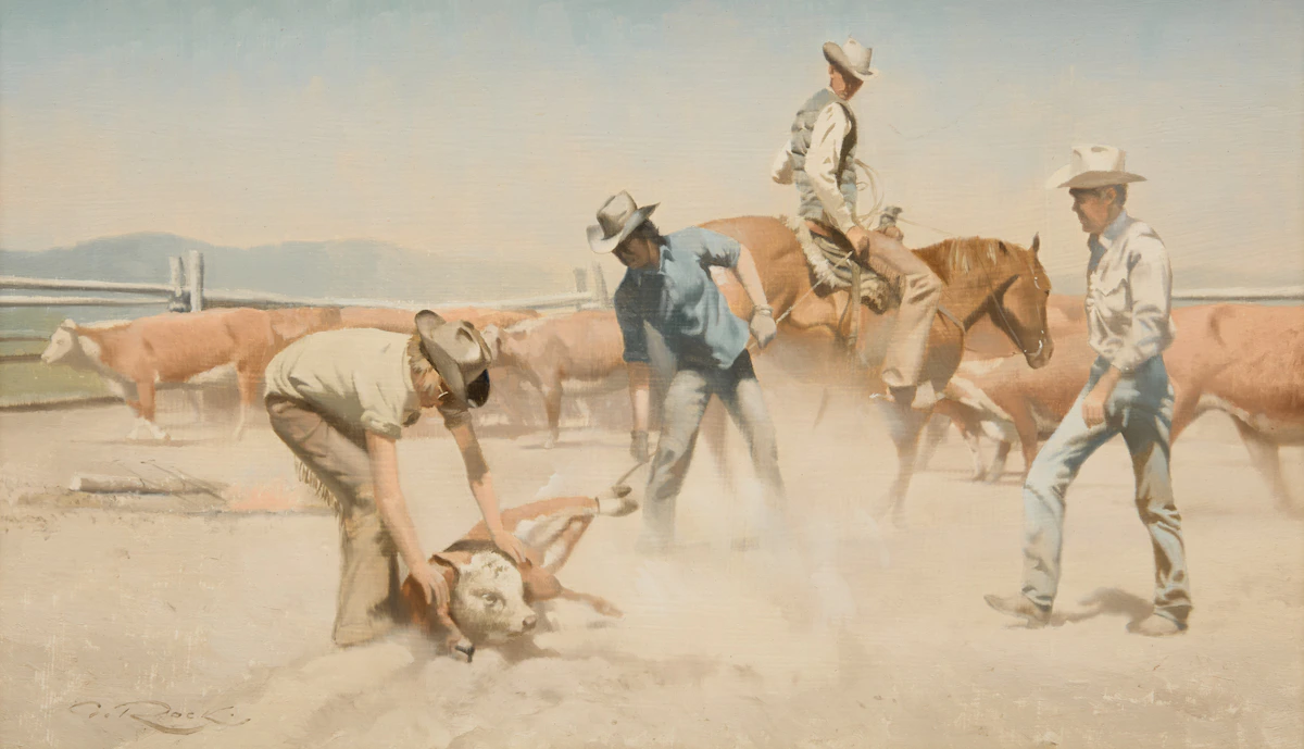 Geoffrey Allan Rock, Branding Study, Douglas Lake Ranch, B.C., oil on masonite, 1976