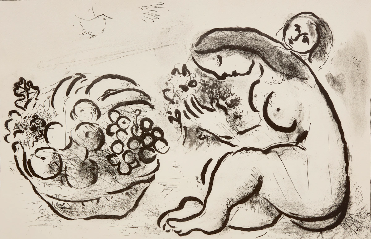 Marc Chagall, Nu à la corbeille de fruits (Mourlot 91), black and white lithograph