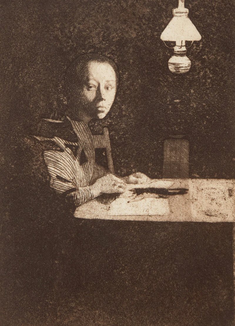 Selbstbildnis Am Tisch (Self-Portrait at the Table) ( Reissner 7), (Klipstein 14) by Käthe Kollwitz