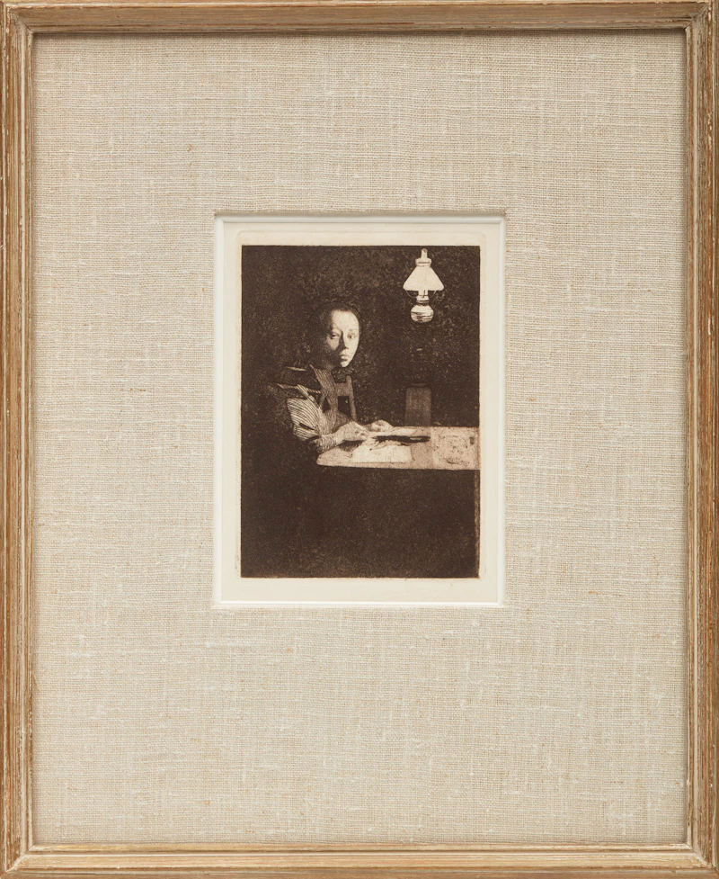 Käthe Kollwitz, Selbstbildnis Am Tisch (Self-Portrait at the Table) ( Reissner 7), (Klipstein 14), etching with aquatint, 1893 - view 2