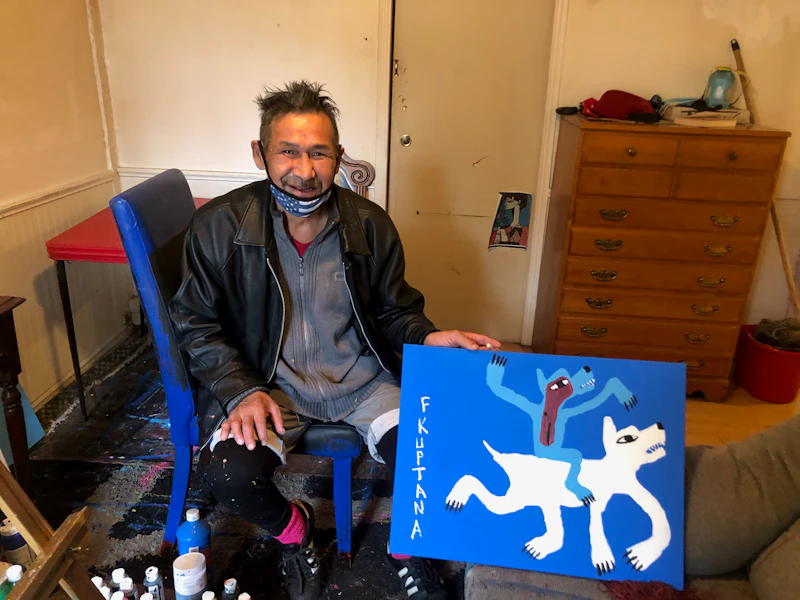 Floyd Kuptana, Riding White Wolf, acrylic on canvas, 2021 - view 4