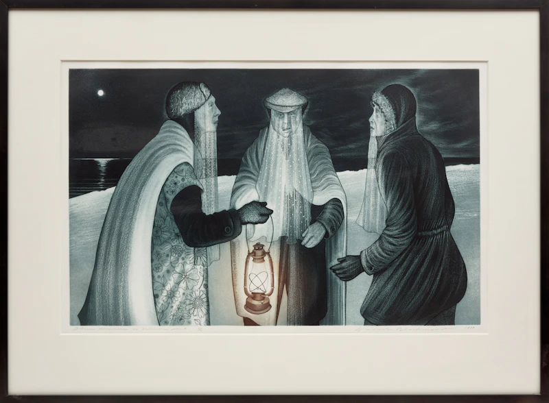 David Lloyd Blackwood, Three Mummers on Winsor's Point, etching and aquatint, 1979 - view 2