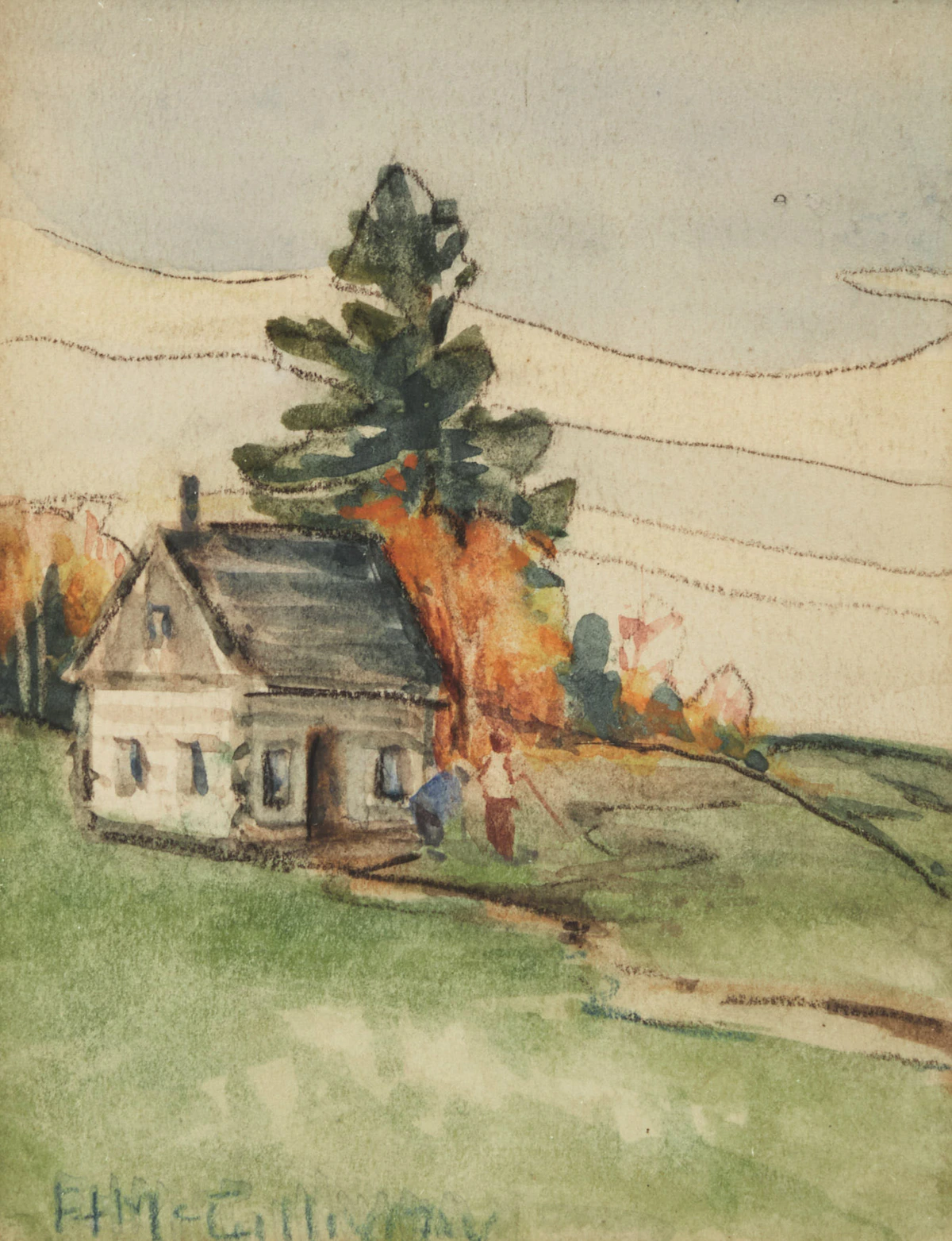 Florence Helena McGillivray, Cottage and Figures; Venetian Night (Boats at Evening), two watercolours