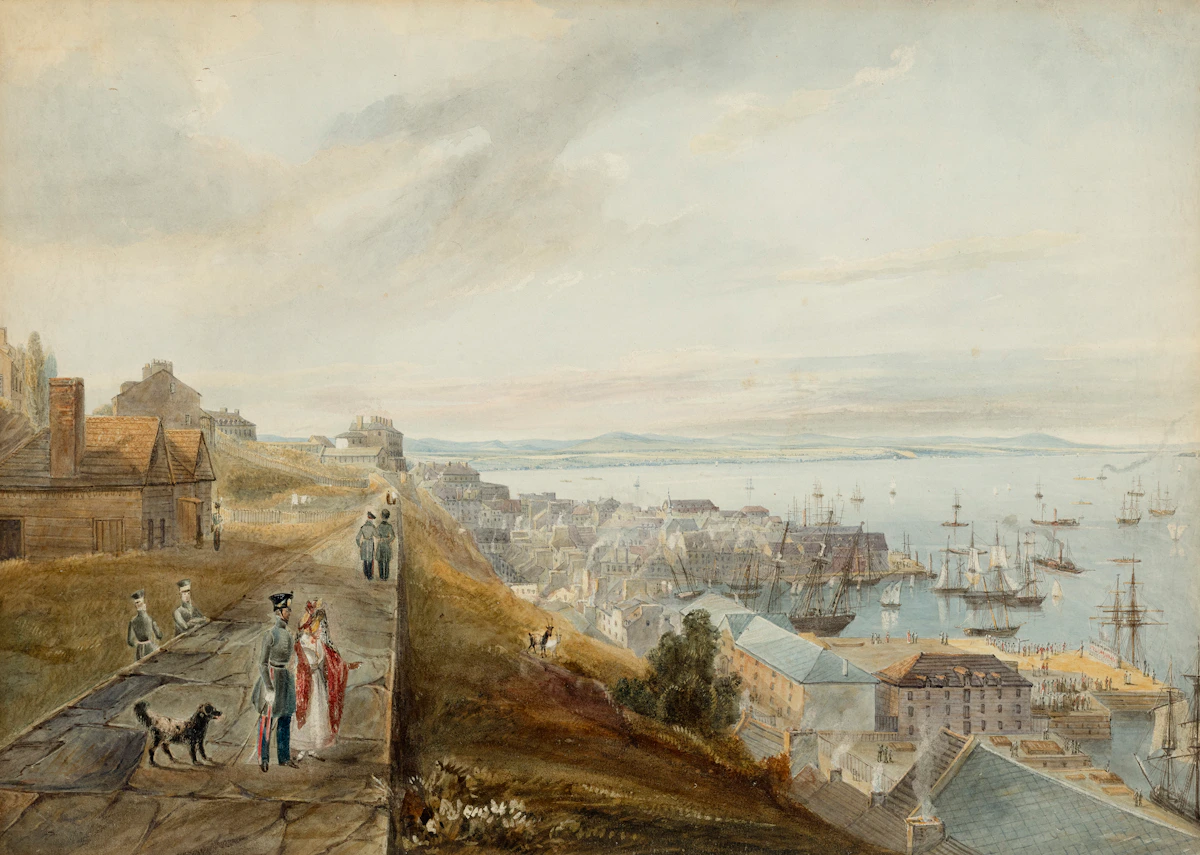 James Pattison Cockburn, The Lower Town and King's Wharf from the Upper Town, Quebec, watercolour on paper mounted to card, 1833