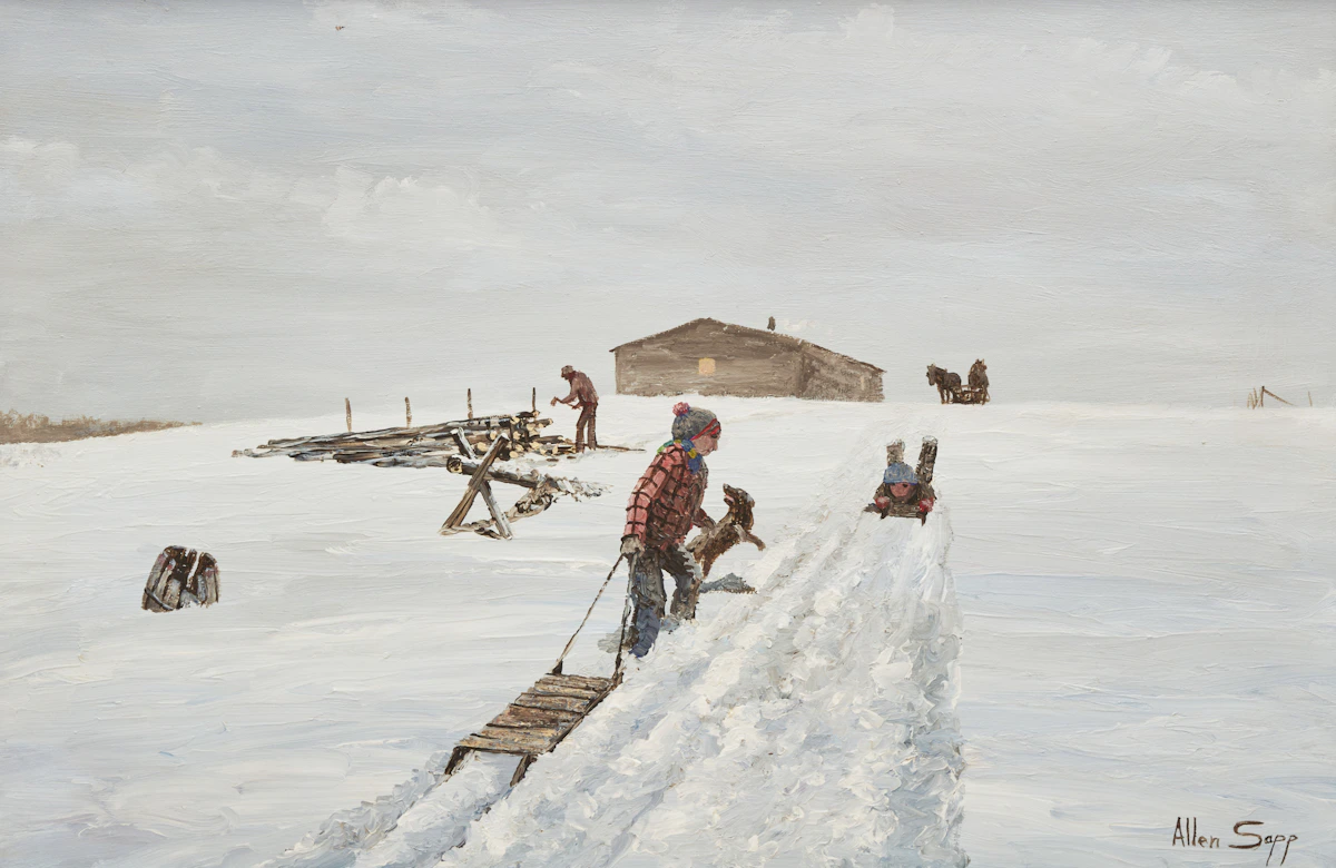 Allen Sapp, The Kids are Sliding, acrylic on canvas