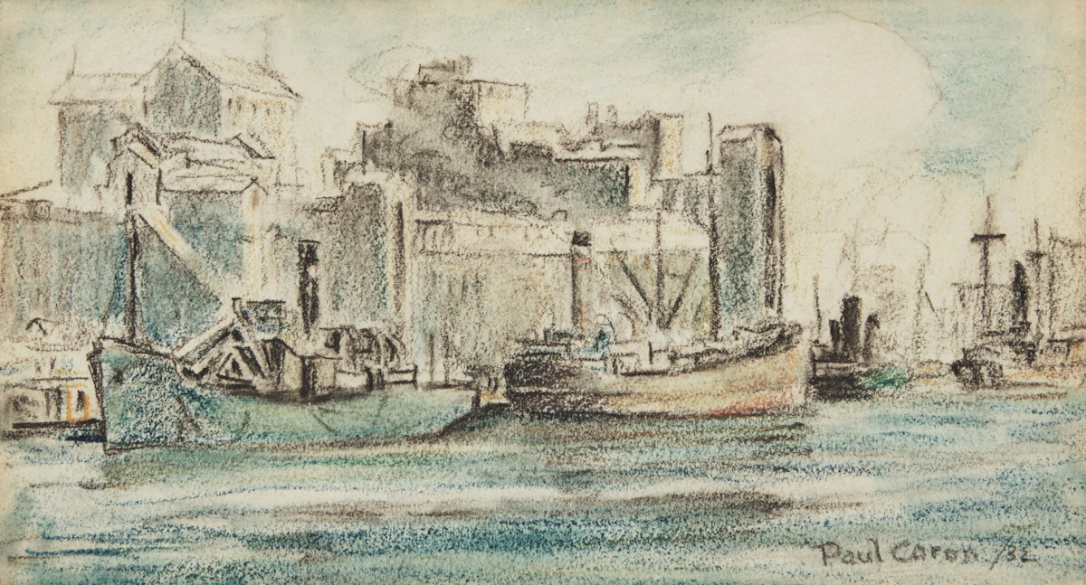 Paul Archibald Caron, Montreal Harbour Scene, crayon, 1932