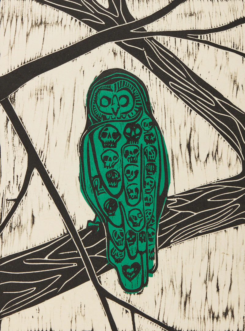 Kim Dorland, Untitled (Owl), woodcut